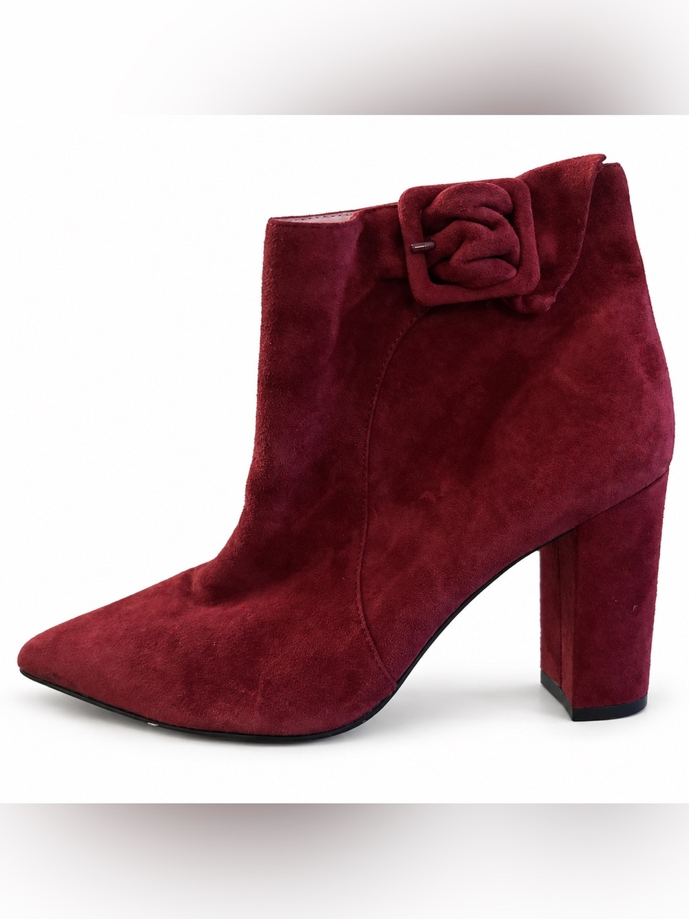 Pelle Moda Burgundy Suede Block Heel Ankle Boots with Buckle Accent